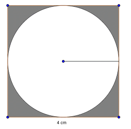 Et kvadrat med sider 4 cm inneholder en sirkel med radius 2 cm. Det skraverte område er kvadratet utenom sirkelen